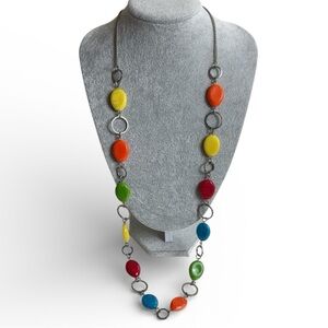 Multicolor Oval Beaded Opera Station Necklace 36” Faux Stone Y2K Silver Charcoal